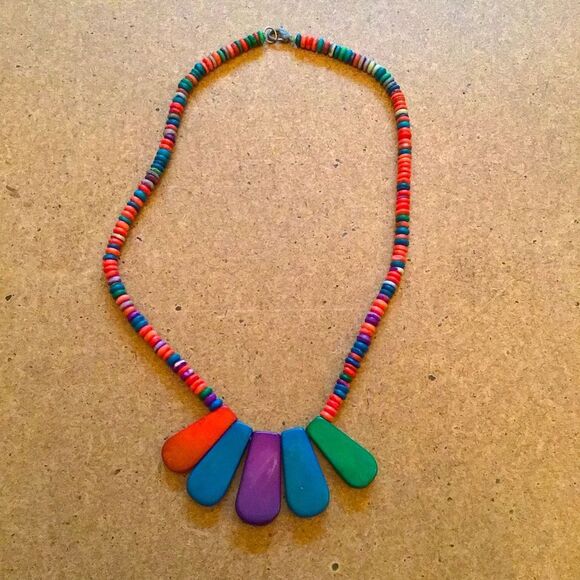 Vintage Funky Colorful Costume Wooden Beaded Necklace with Teardrop Pendants - Picture 1 of 2
